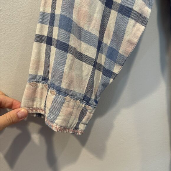 Johnny Was Top Button Up Floral Embroidered Boho Plaid Shirt Women sz Large - Picture 6 of 11